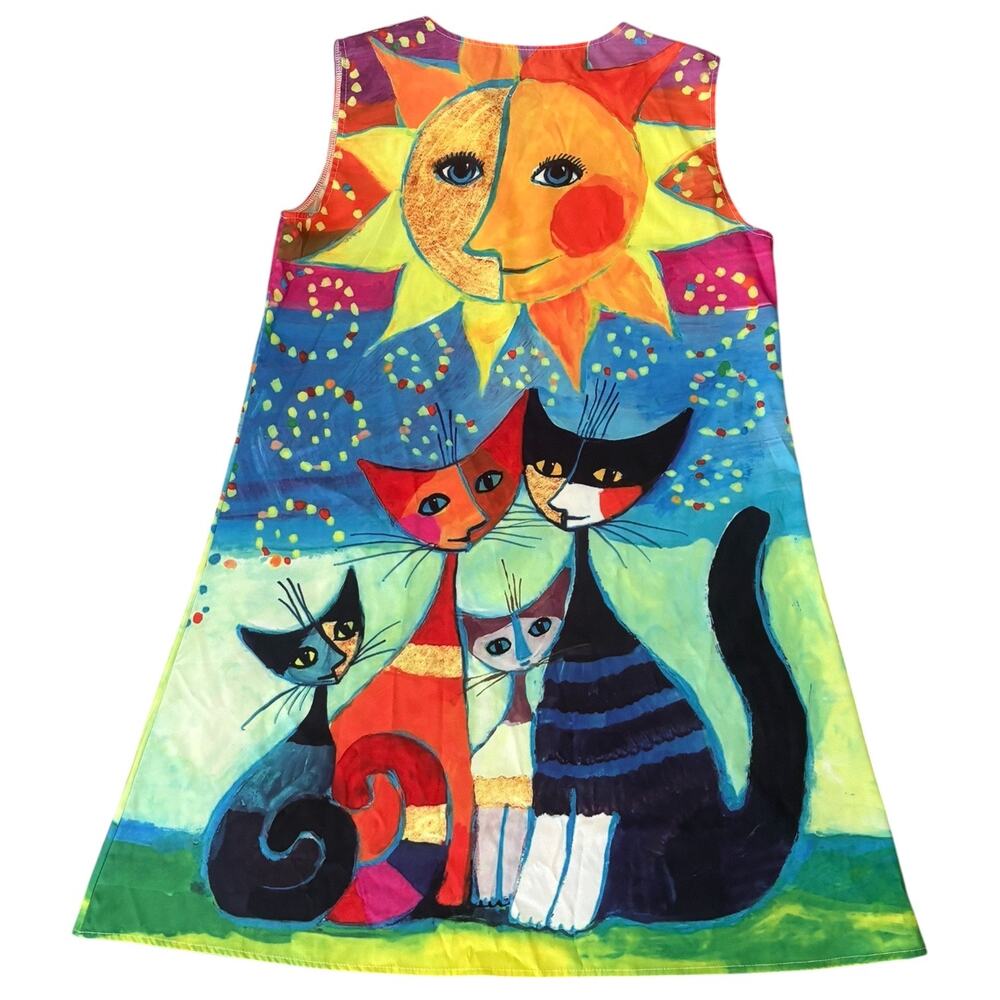Whimsical Colorful Cat Print Shift Dress XXL Folk Art Boho Cottagecore Sun - Picture 5 of 5